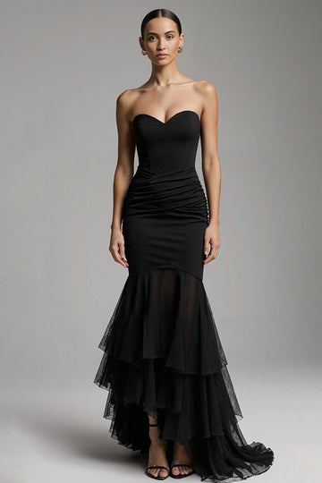 Black Mermaid Sweetheart Sweep Train Maxi Formal Dress with Ruffles
